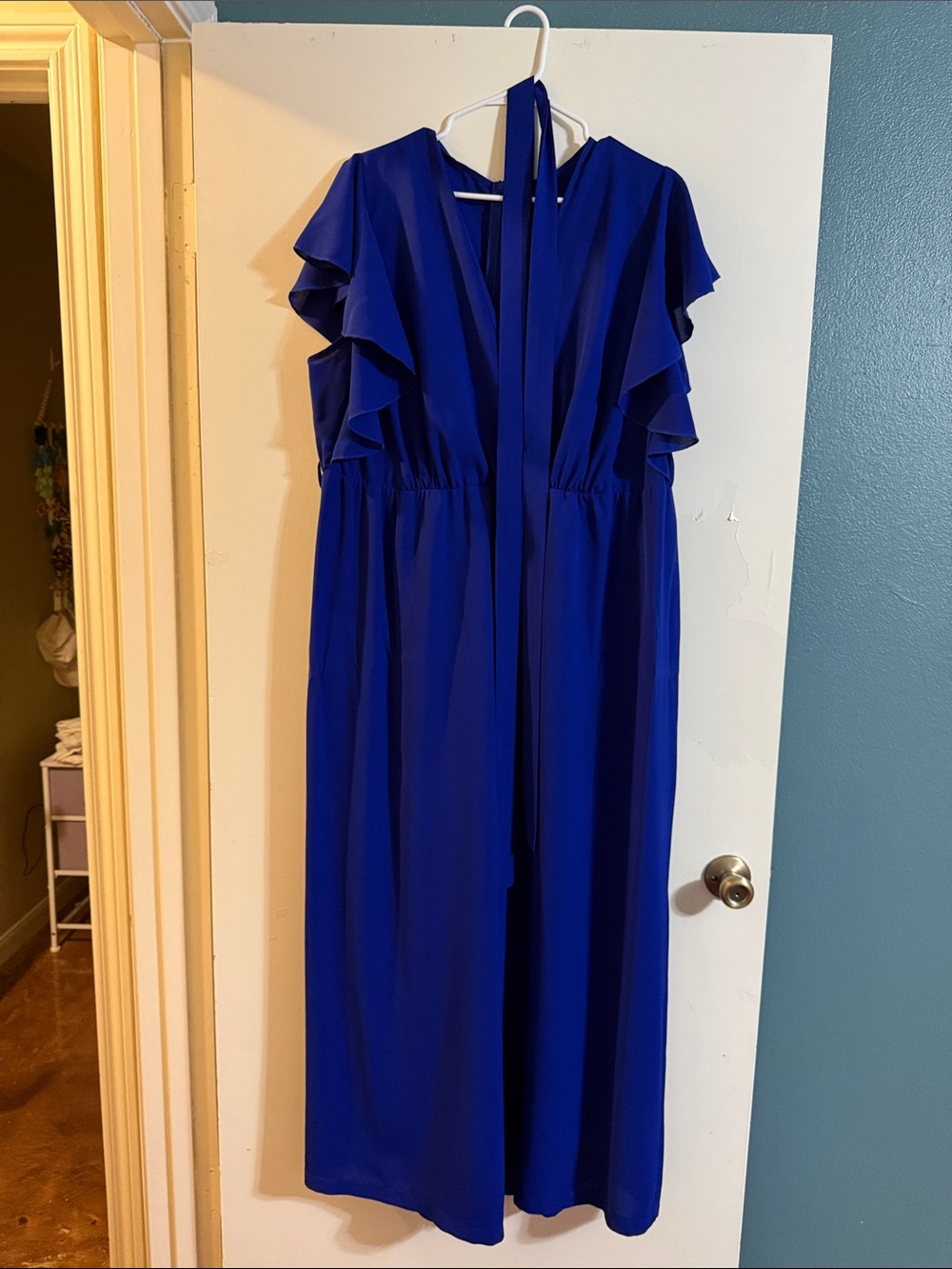 SHEIN Cobalt Blue Flutter-Sleeve Tie-Neck Jumpsuit